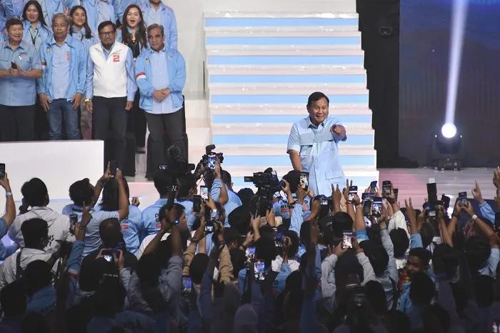 Prabowo Subianto saat memberi sambutan dalam agenda Suara Muda Indonesia untuk Prabowo Gibran di Jakarta Convention Center (JCC) Senayan, Jakarta. (Dok. TKN Prabowo Gibran)