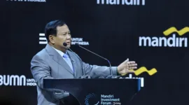 Menteri Pertahanan RI Prabowo Subianto saat menjadi keynote speaker pada acara Mandiri Investment Forum 2024 di Fairmont Hotel Jakarta. (Dok. Tim Media Prabowo)
